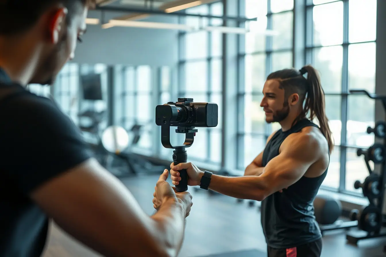 Fitness trainer being filmed for social media reels in a modern gym