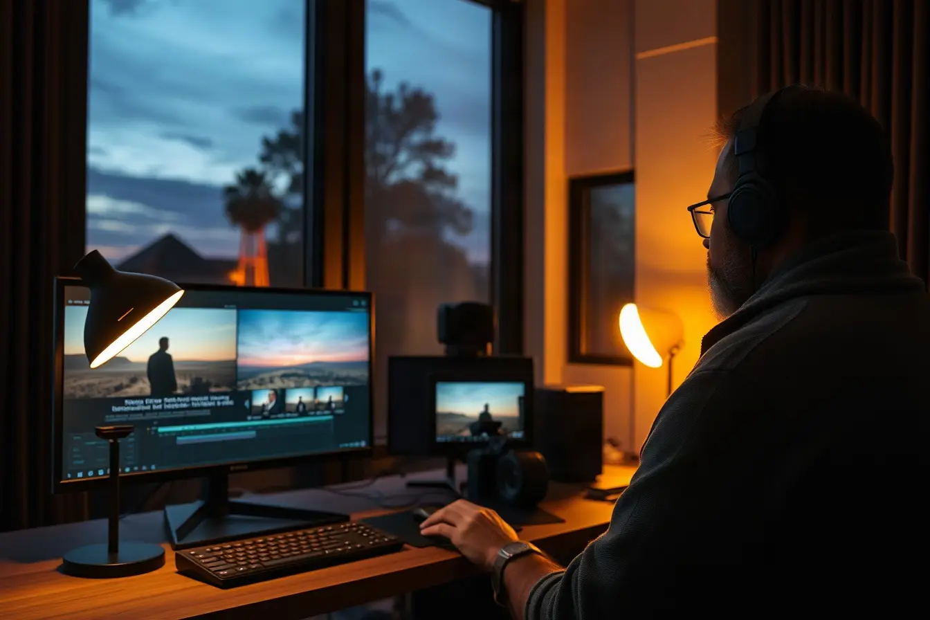 Post-production editing suite at dusk